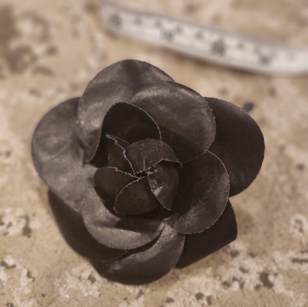 Vintage Black Chanel Fabric Camellia Brooch